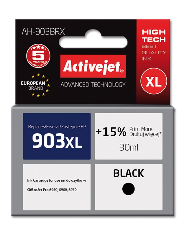 Osta tuote Activejet AH-903BRX muste (korvaa HP 903XL T6M15AE:lle; Premium; 30 ml; musta) verkkokaupastamme Korhone 10% alennuksella koodilla KORHONE