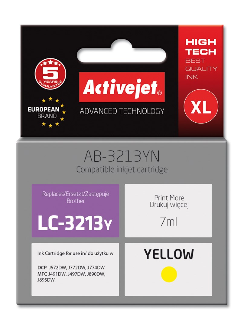 Osta tuote Activejet AB-3213YN mustepatruuna (korvaa Brother LC3213Y:lle; Supreme; 7 ml; keltainen) verkkokaupastamme Korhone 10% alennuksella koodilla KORHONE
